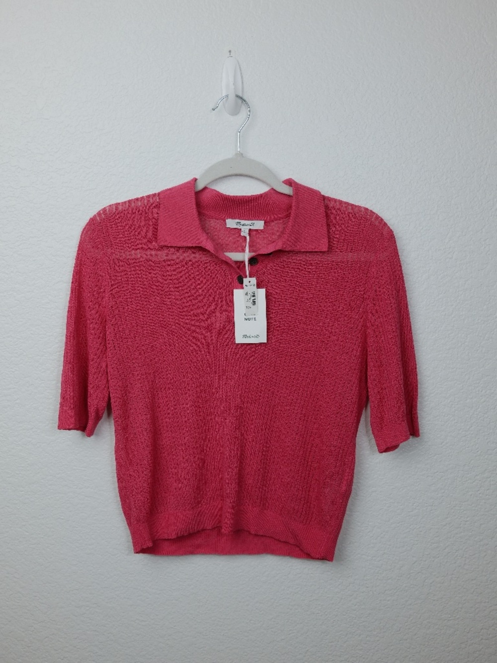 Madewell Short Sleeve Polo Sweater Tee Bright Pink Size Medium NWT Linen Blend